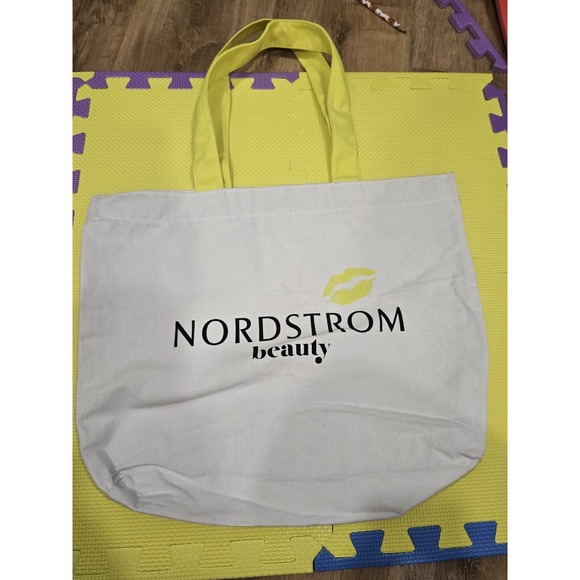 Nordstrom Handbags - NORDSTROM beauty Canvas Tote Bag - White with Bright Yellow Handles & Lip Print!